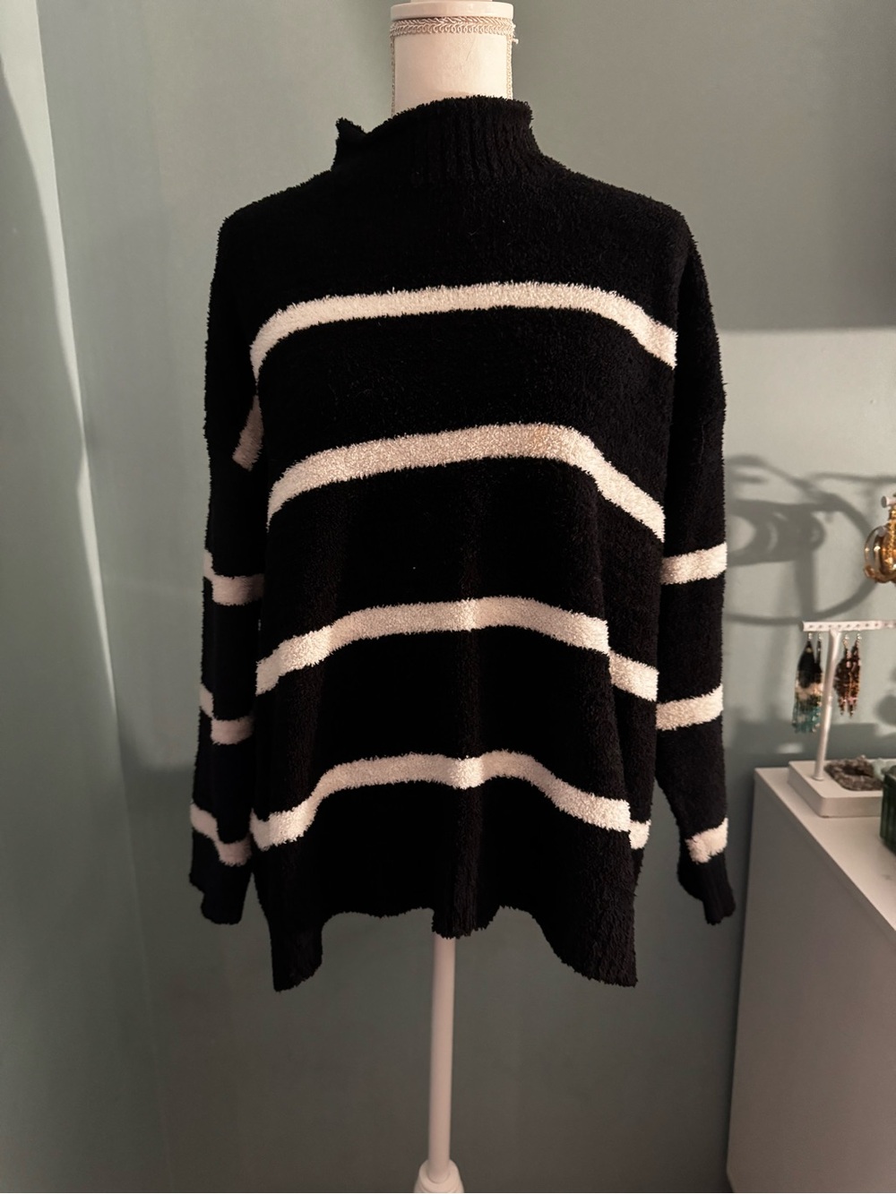 Black White Velour Tunic Striped Cozy Sweater 3X Mock Neck